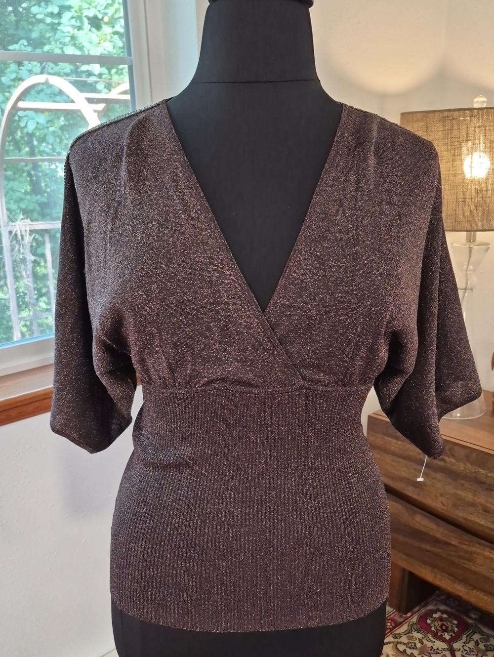 BELLDINI 90s Copper Metallic Fit And Flare Vneck Sweater Large New Brown